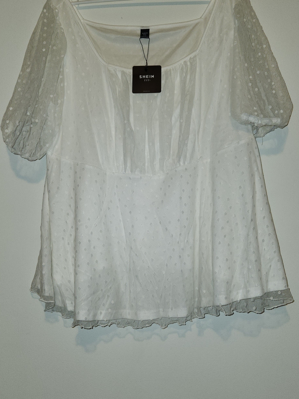 White Swiss Dot Puff Sleeve Peplum Blouse, Boat Neck NWT Size 22